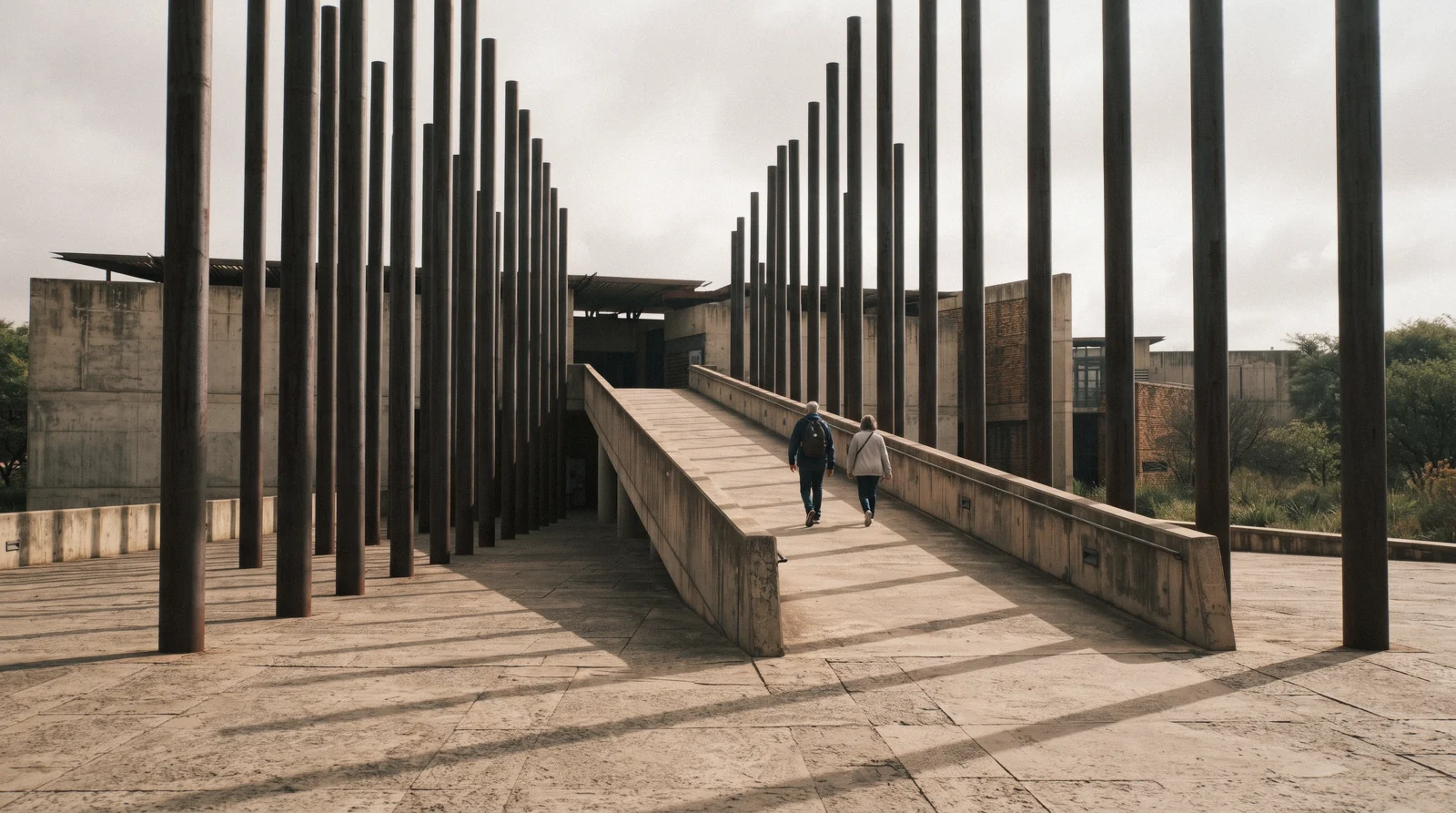 The Apartheid Museum entrance ramp running below the forest of steel columns at Gold Reef Roads, Ormonde, Johannesburg