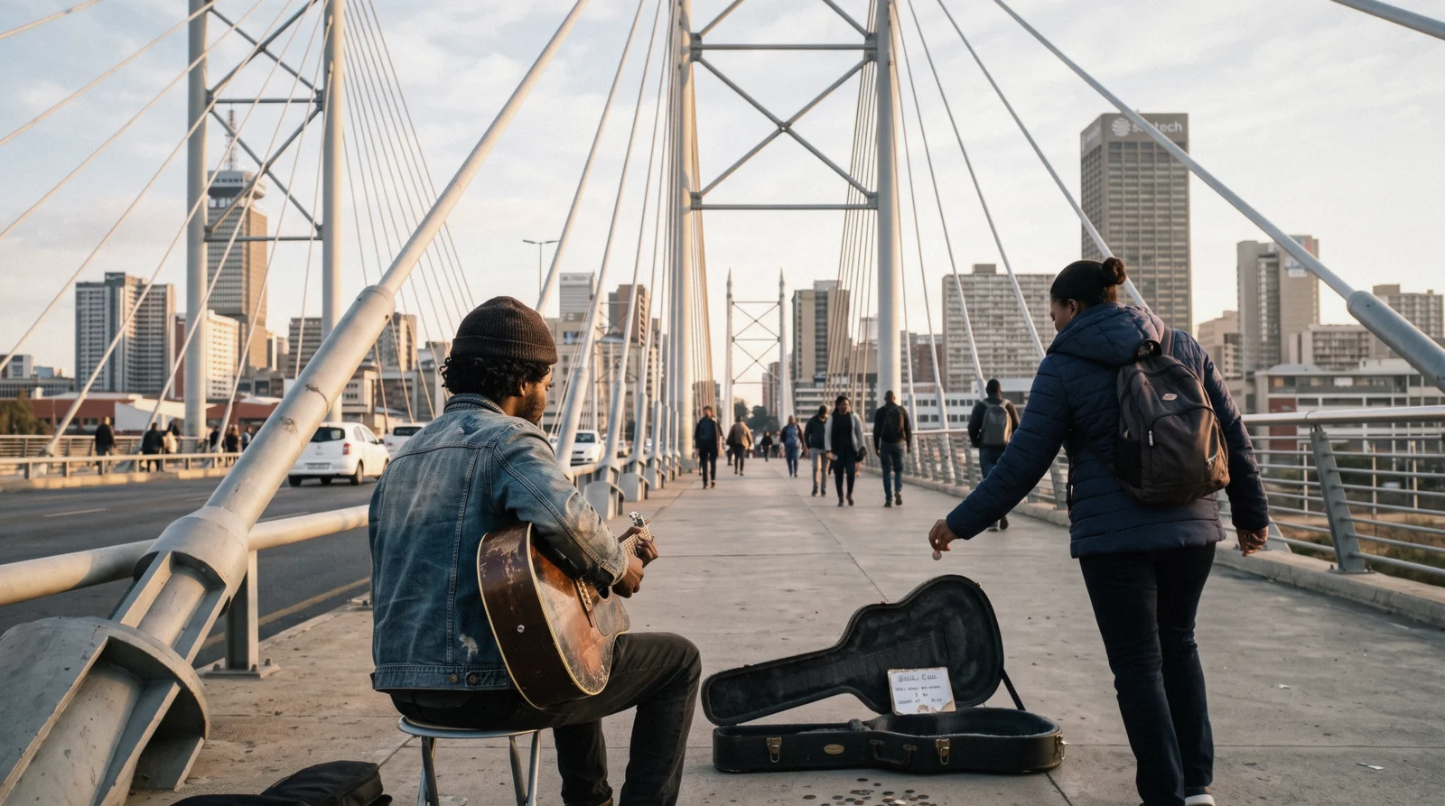 A busker with a guitar on Nelson Mandela Bridge in Johannesburg in morning light, the steel structure behind