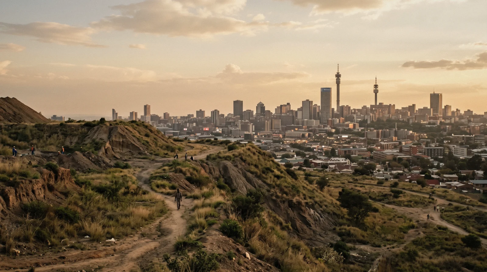 The Johannesburg city skyline under a highveld sky, the Hillbrow tower rising above the CBD grid
