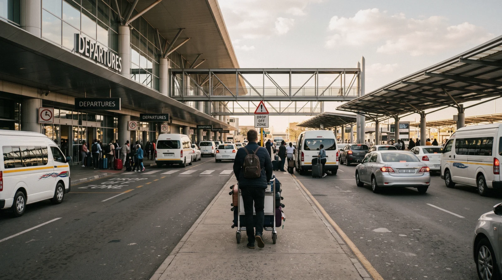 The departures kerb at OR Tambo International Airport in warm afternoon light, one traveller with a trolley seen from behind
