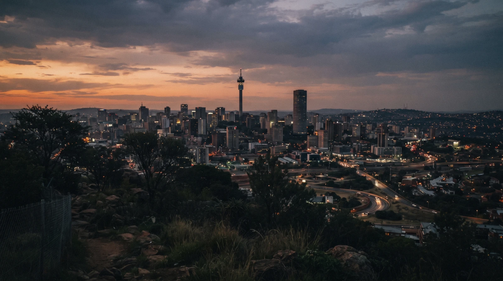 The Johannesburg skyline and the gold-ridge ground it stands on, the shape this Johannesburg map pins
