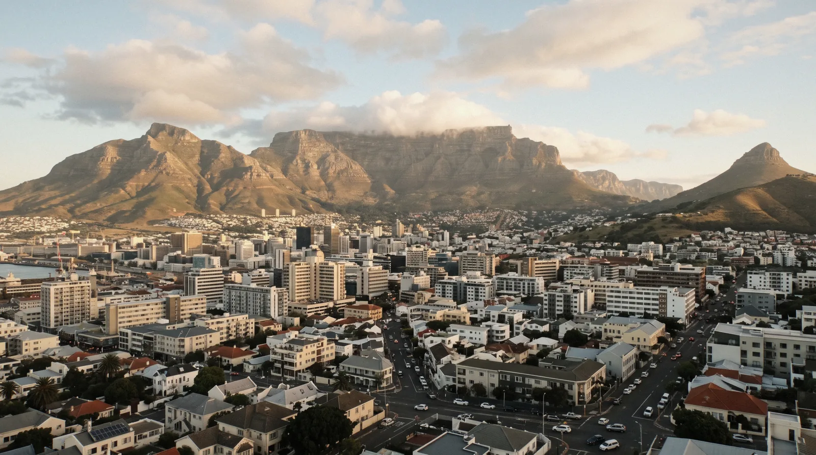 The Cape Town city bowl beneath Table Mountain in warm evening light, the comparison's deciding scenery