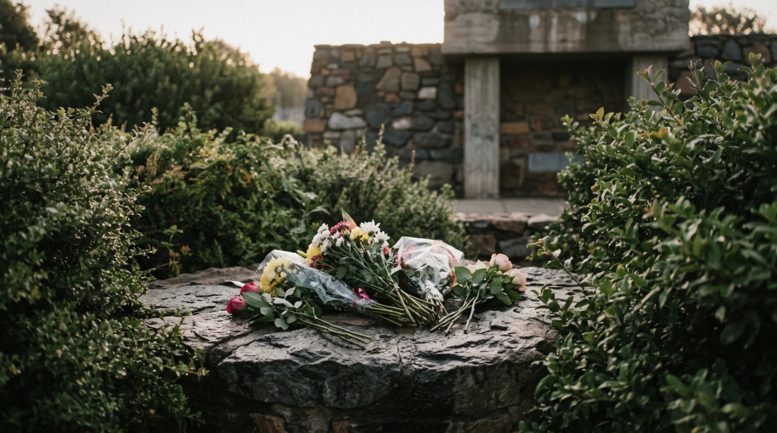 Flowers laid at the Hector Pieterson Memorial in Soweto, quiet stone and bushes in early light