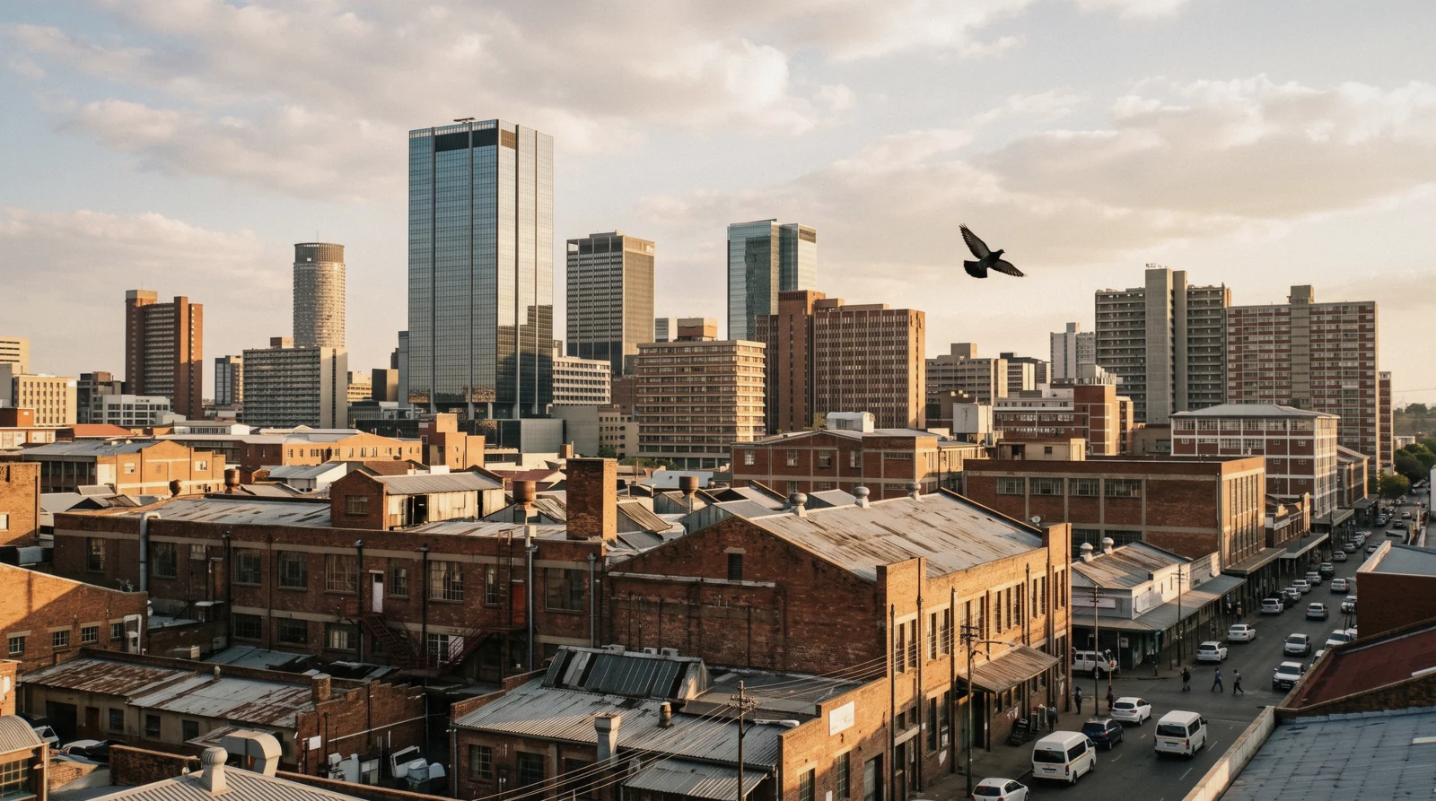 The Johannesburg inner city seen from above, with the Hillbrow tower and the ridge of Braamfontein