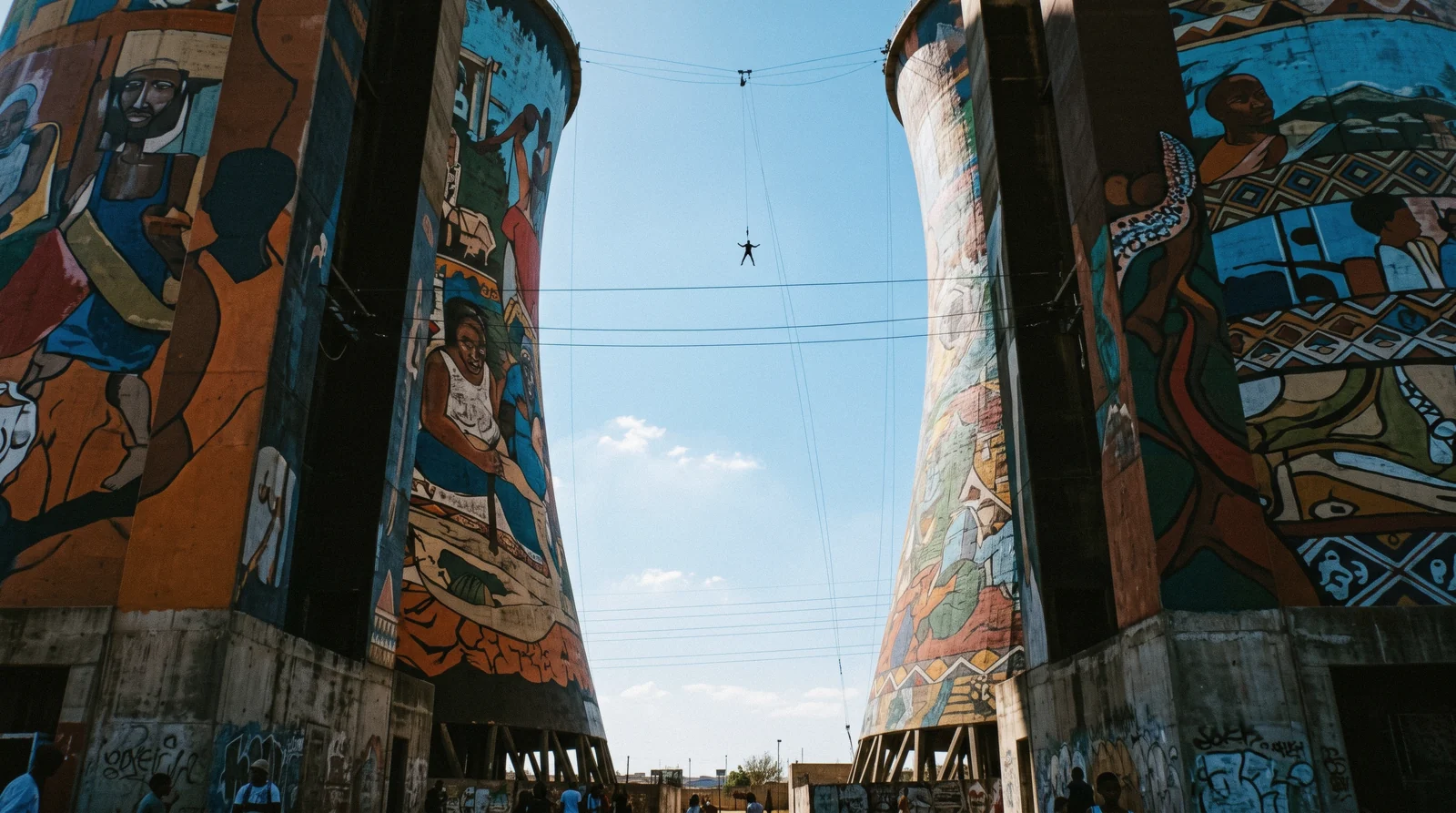 The two painted Orlando Towers above Soweto, their murals visible against a highveld sky