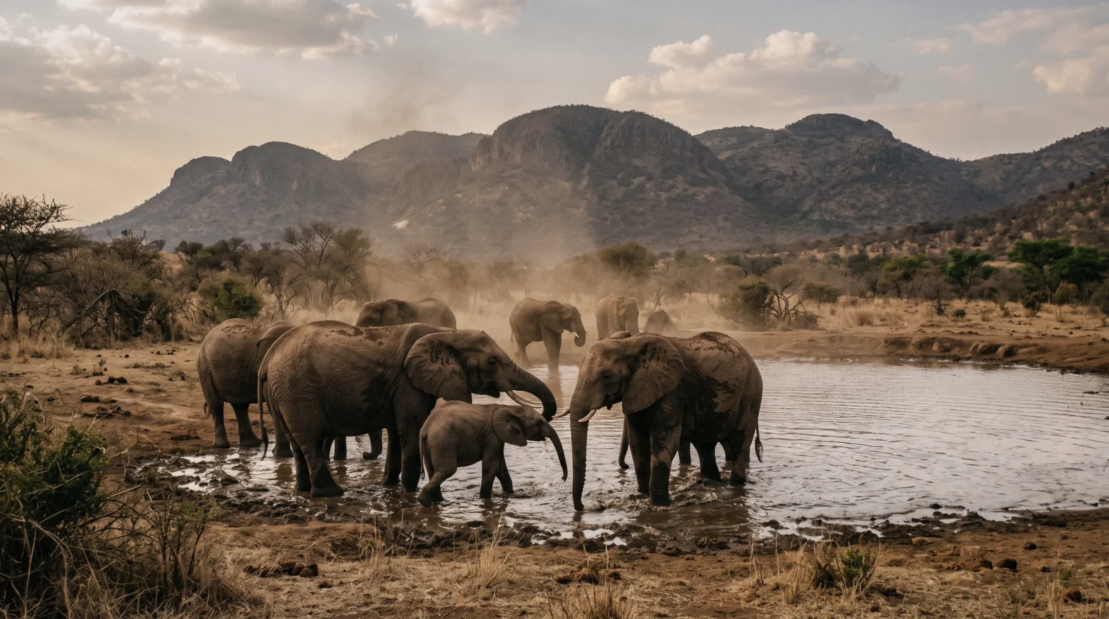 Elephants drinking at a waterhole in Pilanesberg National Park with the ring of ancient volcanic hills behind them