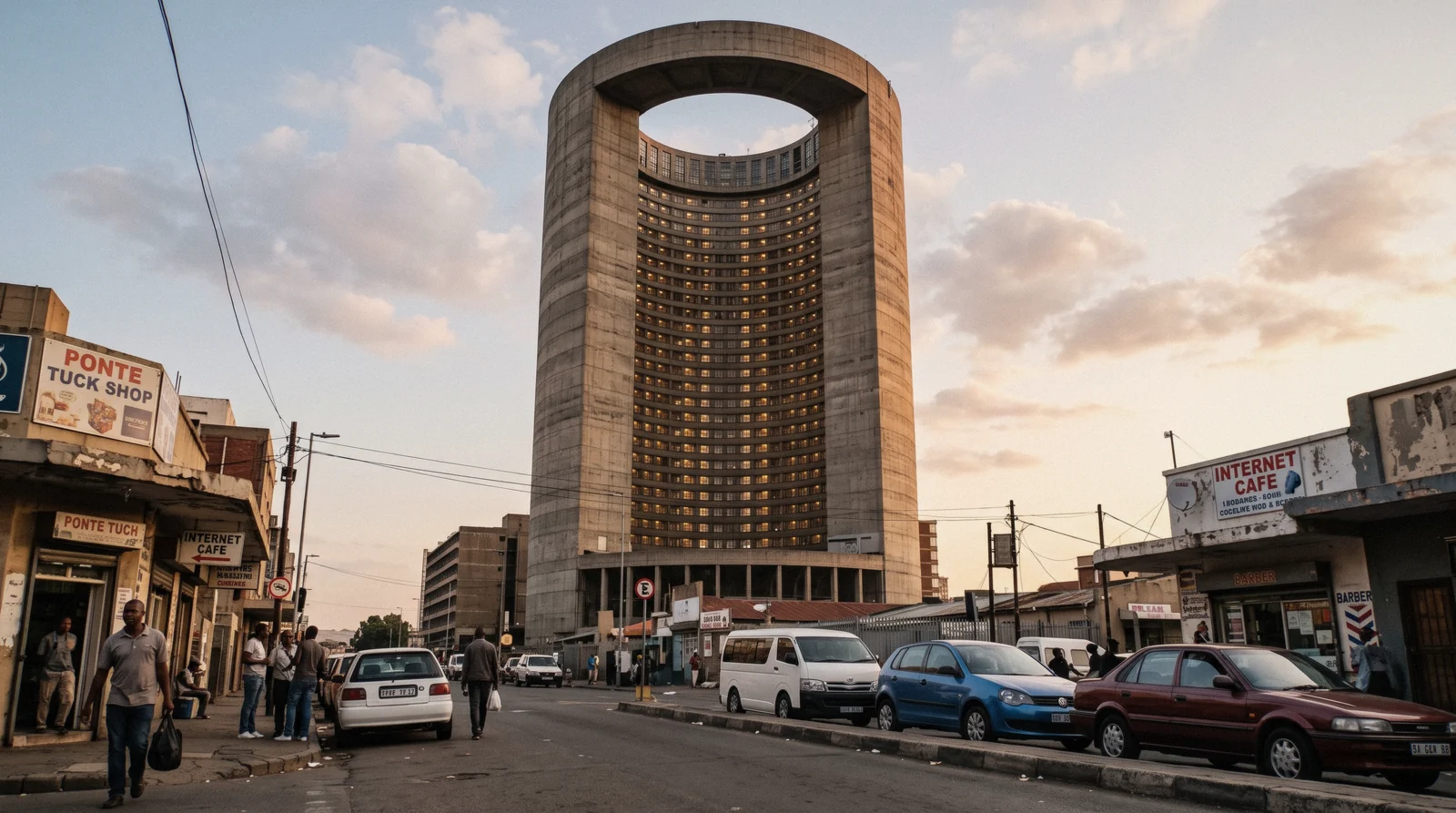 Ponte City tower rising over the Johannesburg skyline, its hollow cylindrical crown above the Hillbrow and Berea rooftops