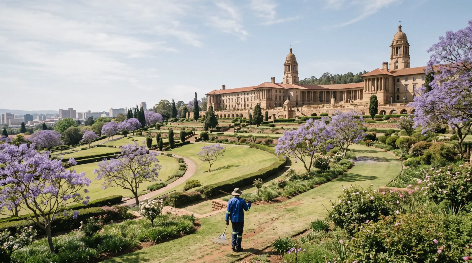 The Union Buildings in Pretoria seen from the terraced gardens with jacaranda trees on the lawns