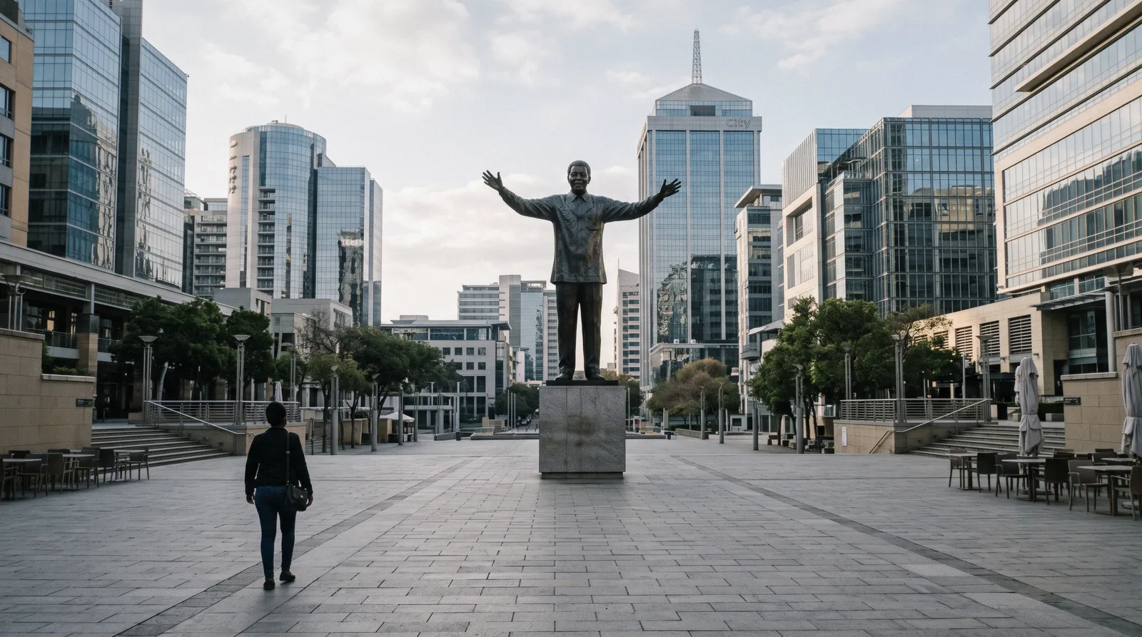 Nelson Mandela Square statue in Sandton at dusk