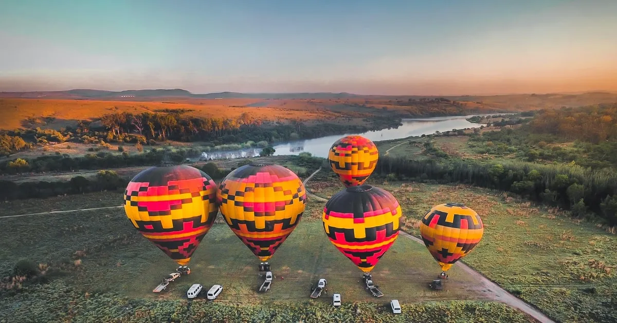 Hot air balloon over the Cradle of Humankind at sunrise