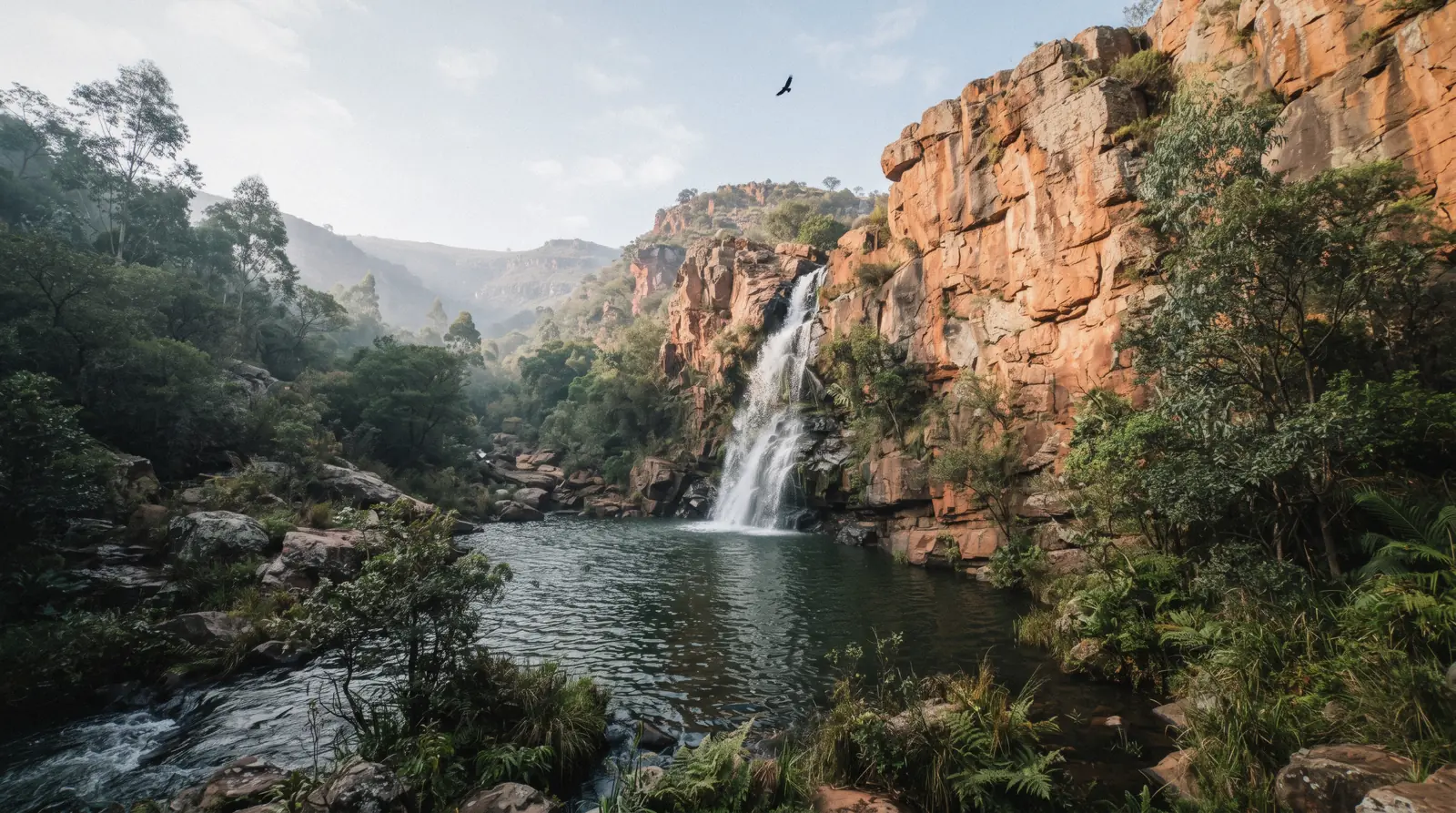 The Witpoortjie waterfall dropping over the Roodekrans ridge at the Walter Sisulu National Botanical Garden, Roodepoort
