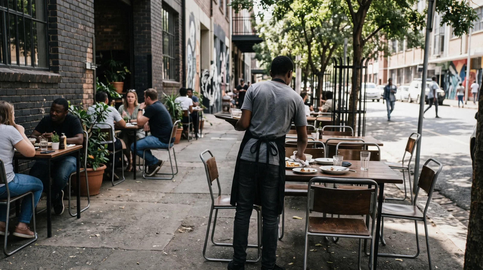 Cafe tables on a rebuilt warehouse sidewalk in Maboneng, Johannesburg at midday
