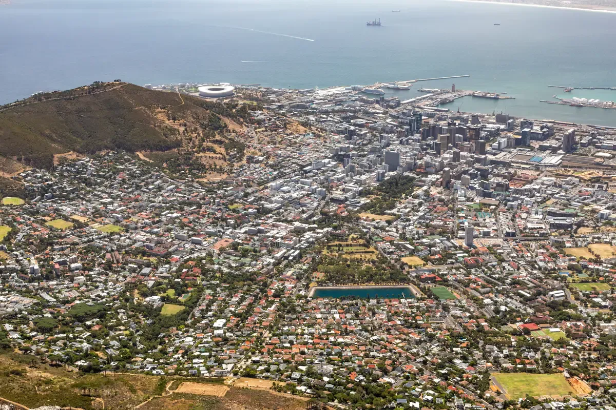 The Cape Town city bowl and Table Mountain seen from the mountain's slopes in daylight