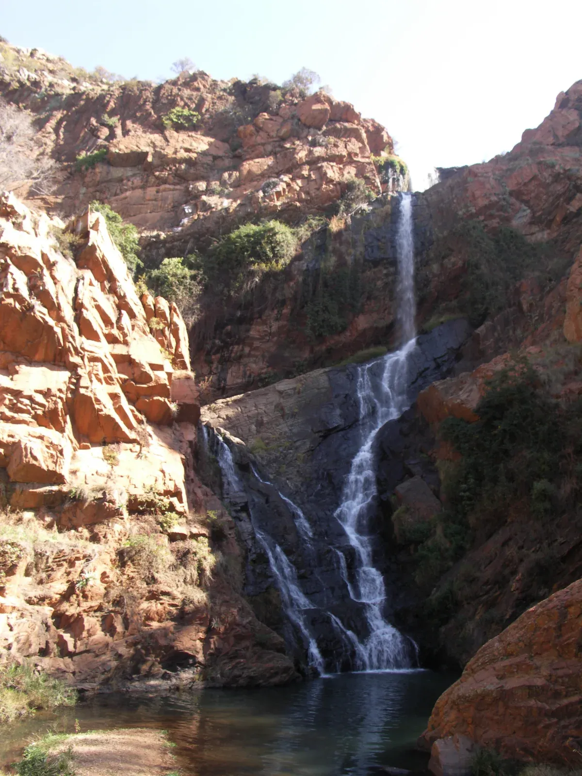 The Witpoortjie Waterfall dropping over a rock cliff inside the Walter Sisulu garden, green bush around it