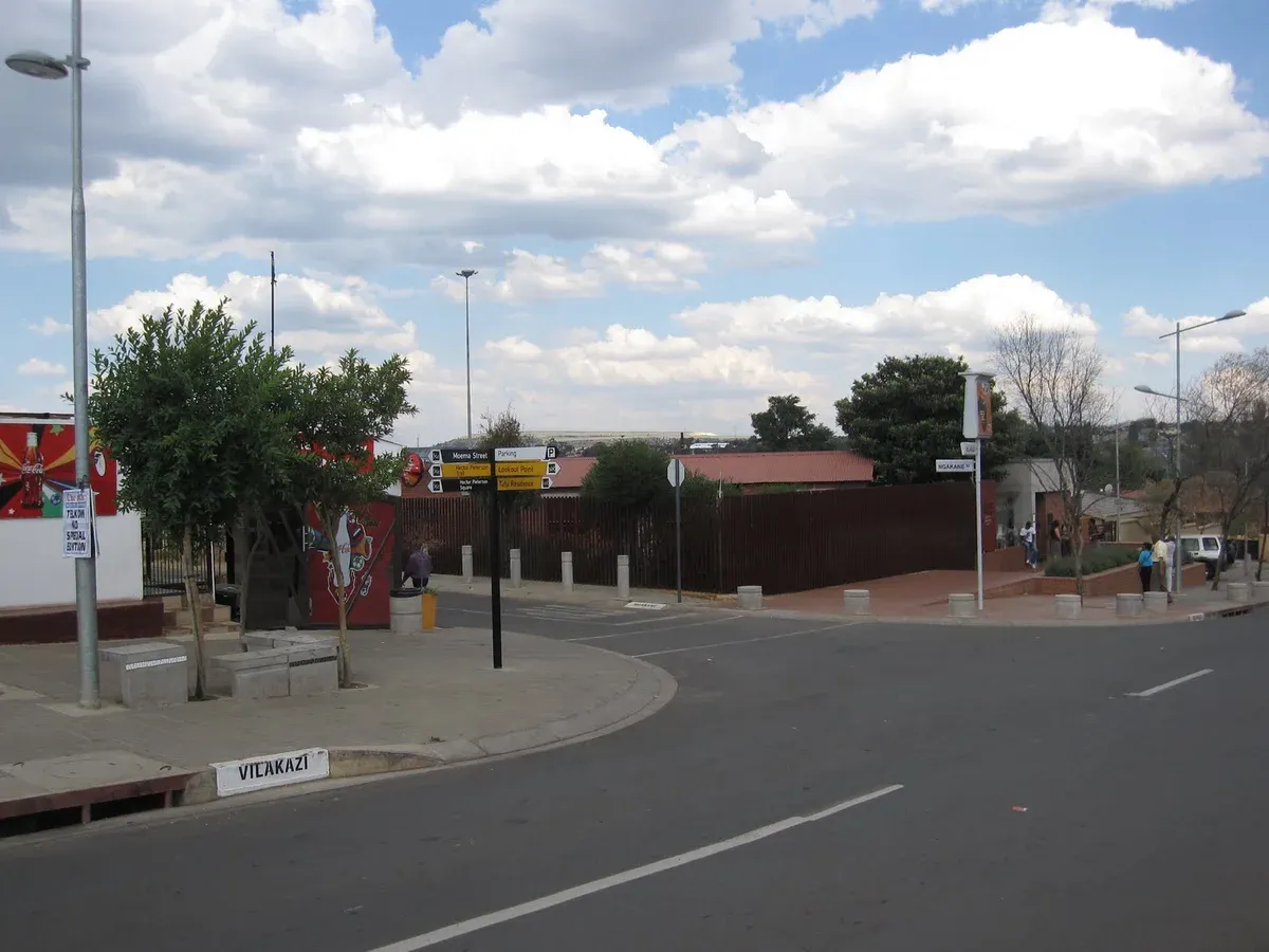 Vilakazi Street in Orlando West, Soweto, the pedestrianised strip of paved road and low brick houses