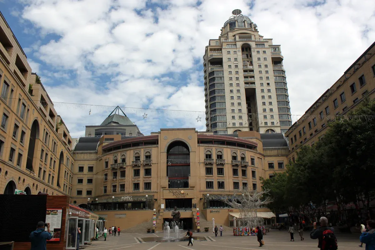 Nelson Mandela Square in Sandton, ringed by restaurants and cafe tables